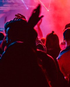 Crowd at a Live Concert with Colorful Lights