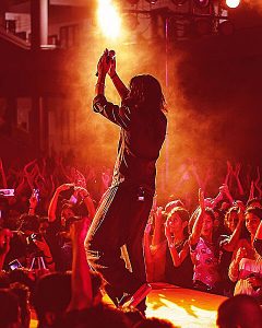Singer Performing Live on Stage with Concert Crowd
