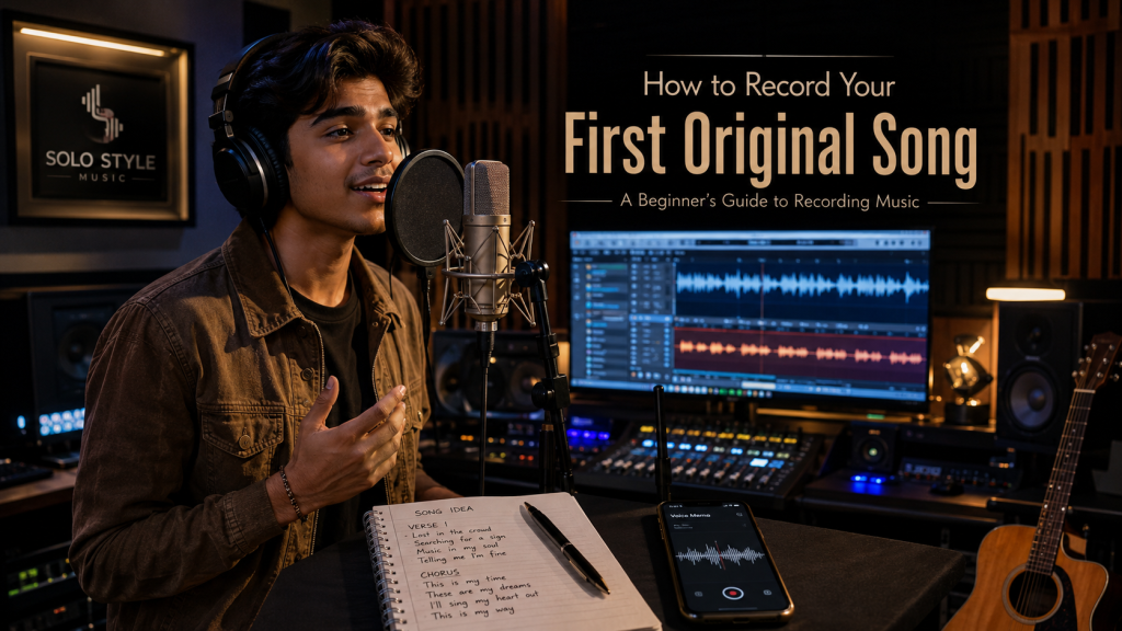 Young Indian beginner singer recording first original song in a professional music studio with microphone, headphones, DAW waveform, and songwriting notes
