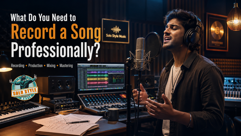 A professional recording studio featuring a young Indian singer wearing headphones and singing into a condenser microphone with a pop filter, surrounded by studio monitors, mixing equipment, a computer displaying vocal waveforms, a MIDI keyboard, acoustic treatment, and Solo Style Music branding.