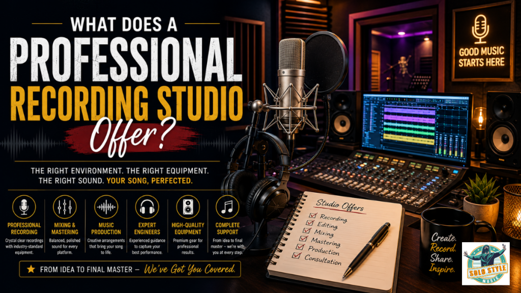 Professional recording studio with microphone, mixing console, and audio equipment