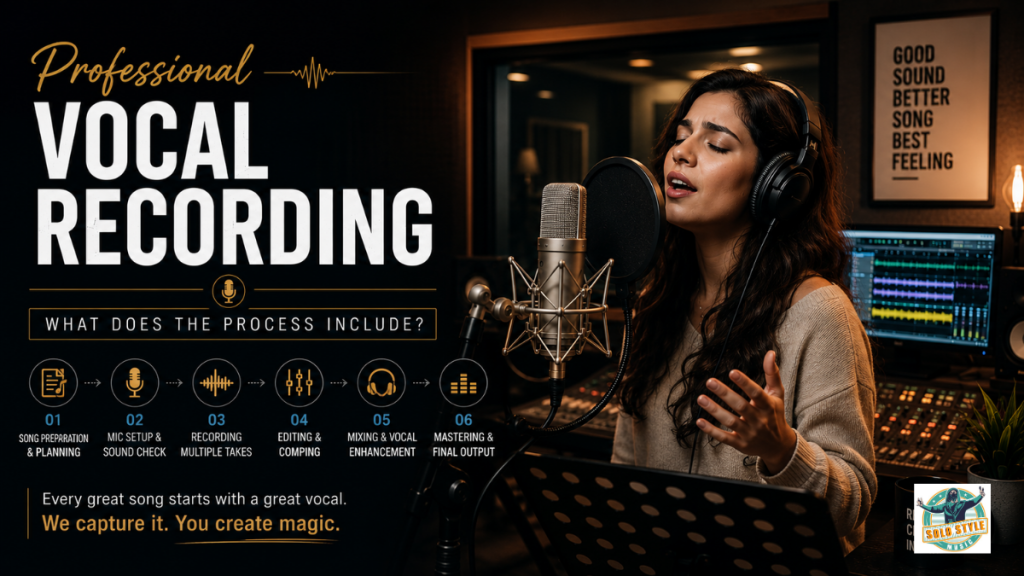 Professional vocal recording session in a music studio with singer and microphone